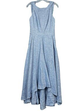 100% Capri Blue Linen Maxi Dress Womens Small Asymmetrical Long